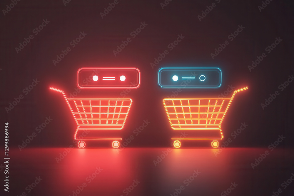 Neon shopping carts with futuristic voice search icons