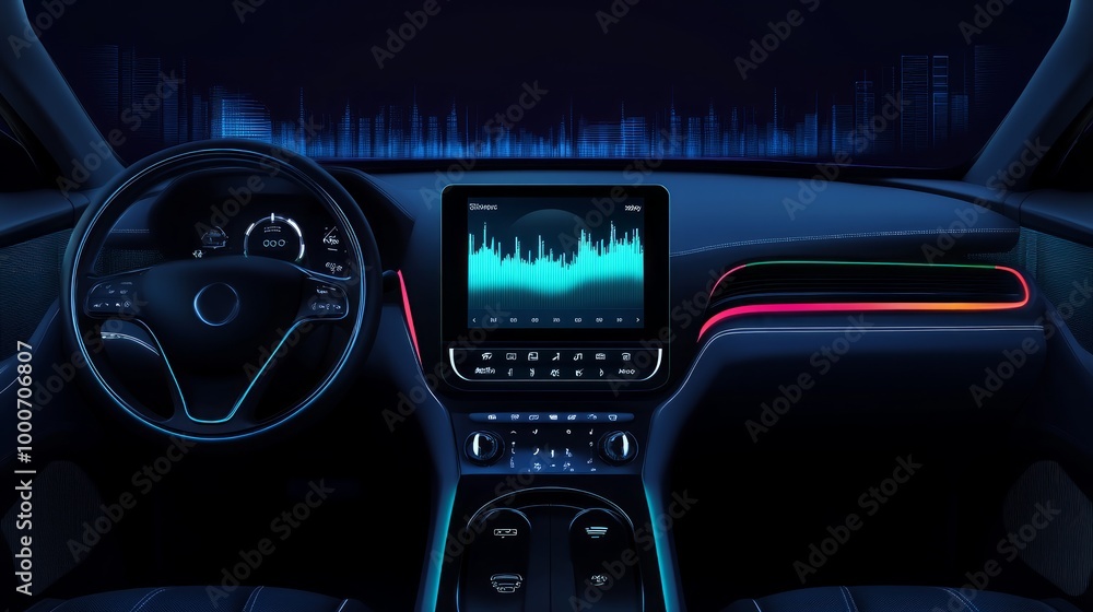 Voice recognition , speech talk and internet of things in smart car concept. Car 's console show application display and sound wave